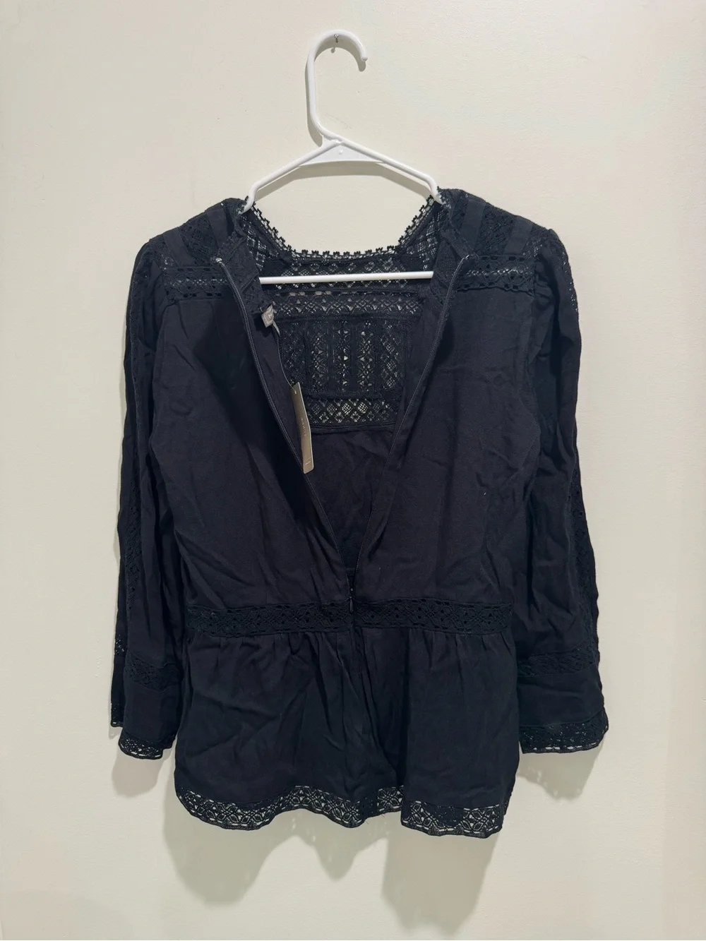 J.Crew Point Sur Black Lace Trim Peplum Blouse Size 6 NWT